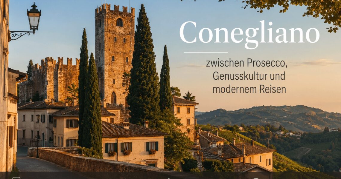 Historische Architektur und Prosecco-Landschaft in Conegliano in Norditalien bei Sonnenuntergang