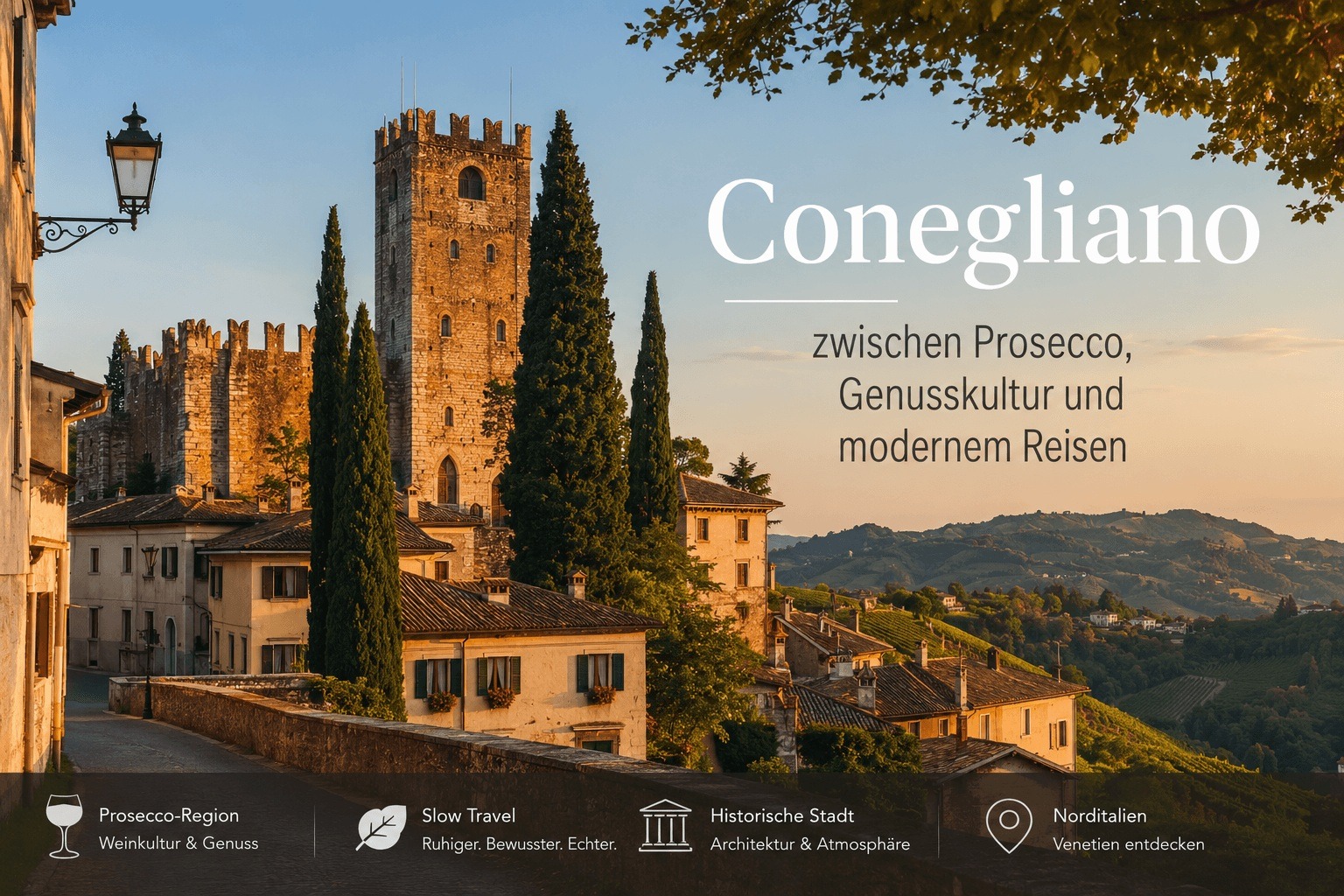 Historische Architektur und Prosecco-Landschaft in Conegliano in Norditalien bei Sonnenuntergang