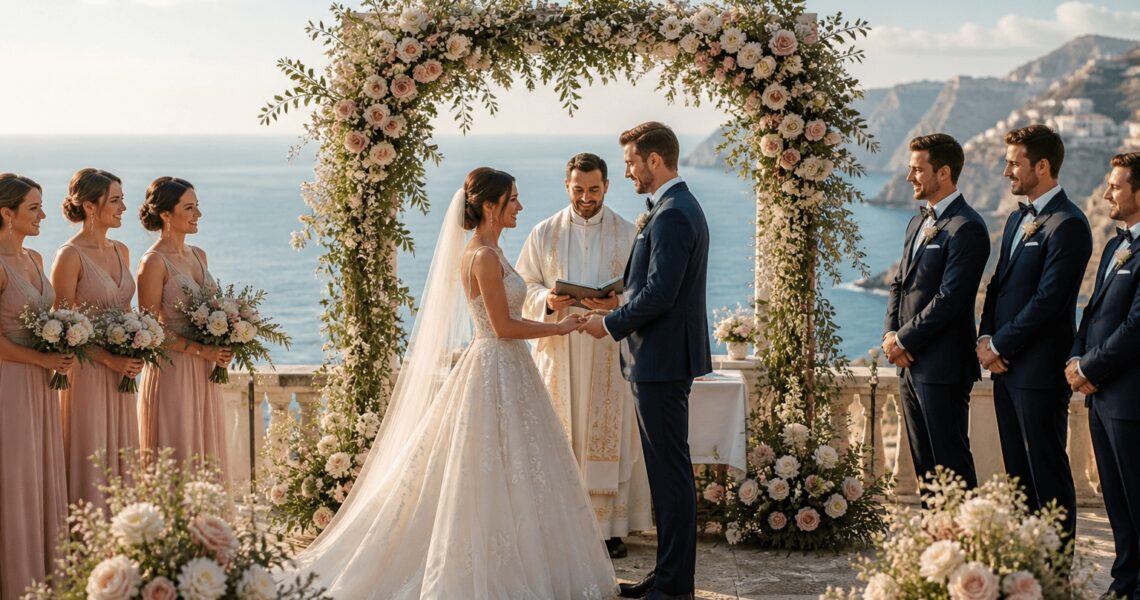 Hochzeit in Italien am Meer – Brautpaar mit Trauzeugen und Priester bei Trauung an der Amalfi-Küste