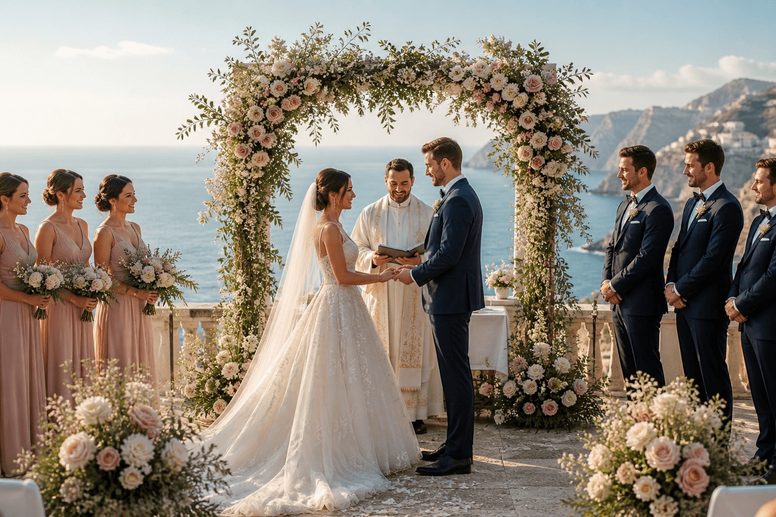 Hochzeit in Italien am Meer – Brautpaar mit Trauzeugen und Priester bei Trauung an der Amalfi-Küste