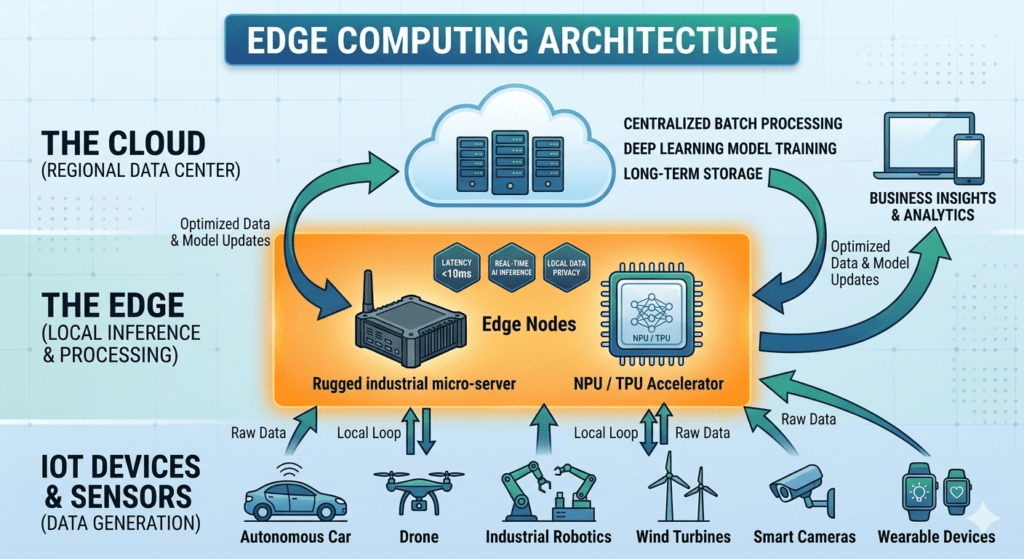 Infografik zur Edge Computing Architektur: Datenfluss von IoT-Geräten über lokale Edge-Nodes mit NPU-Beschleunigern bis hin zur Cloud-Zentrale.