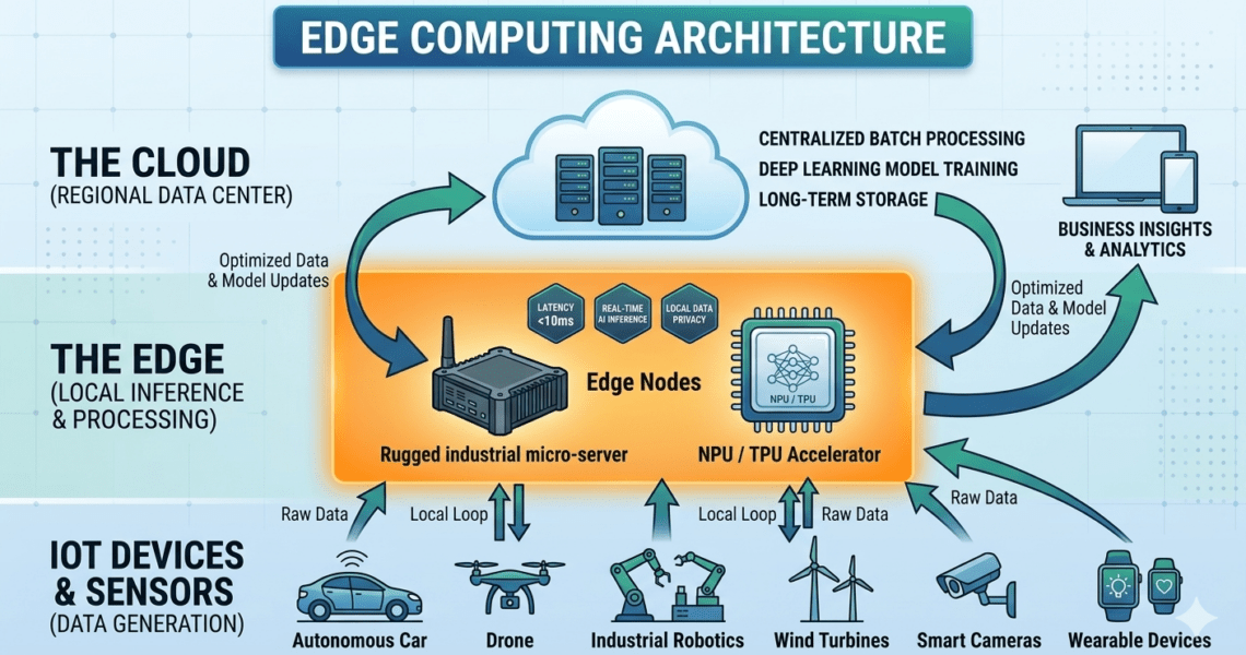 Infografik zur Edge Computing Architektur: Datenfluss von IoT-Geräten über lokale Edge-Nodes mit NPU-Beschleunigern bis hin zur Cloud-Zentrale.