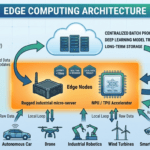 Infografik zur Edge Computing Architektur: Datenfluss von IoT-Geräten über lokale Edge-Nodes mit NPU-Beschleunigern bis hin zur Cloud-Zentrale.