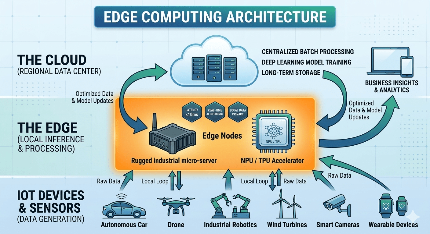 Infografik zur Edge Computing Architektur: Datenfluss von IoT-Geräten über lokale Edge-Nodes mit NPU-Beschleunigern bis hin zur Cloud-Zentrale.