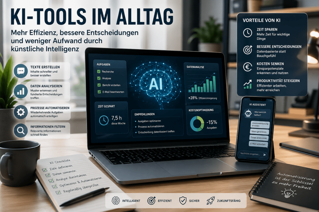 KI Tools im Alltag zur Analyse von Daten, Automatisierung von Prozessen und Steigerung der Produktivität mit Laptop und Smartphone