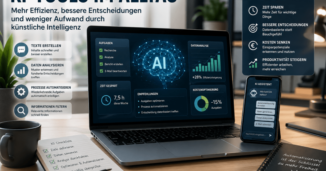 KI Tools im Alltag zur Analyse von Daten, Automatisierung von Prozessen und Steigerung der Produktivität mit Laptop und Smartphone
