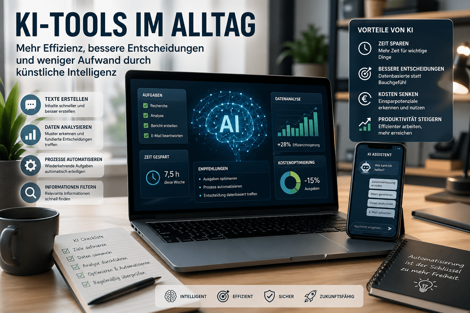 KI Tools im Alltag zur Analyse von Daten, Automatisierung von Prozessen und Steigerung der Produktivität mit Laptop und Smartphone