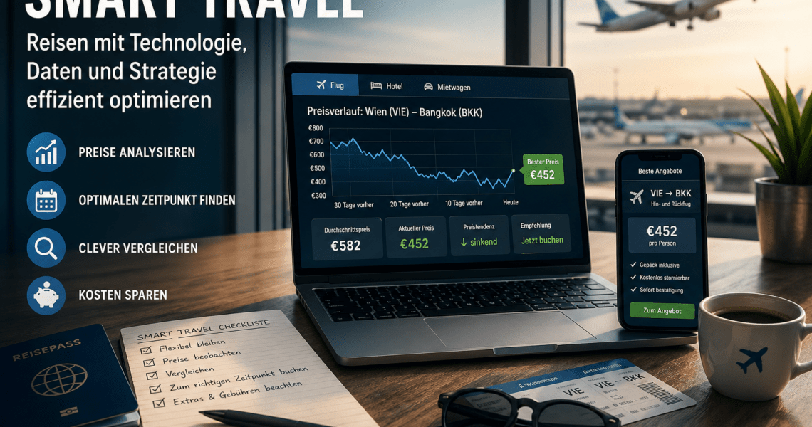 Smart Travel Reiseplanung mit Laptop und Smartphone, Analyse von Flugpreisen und datenbasierte Optimierung von Reisen
