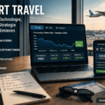Smart Travel Reiseplanung mit Laptop und Smartphone, Analyse von Flugpreisen und datenbasierte Optimierung von Reisen