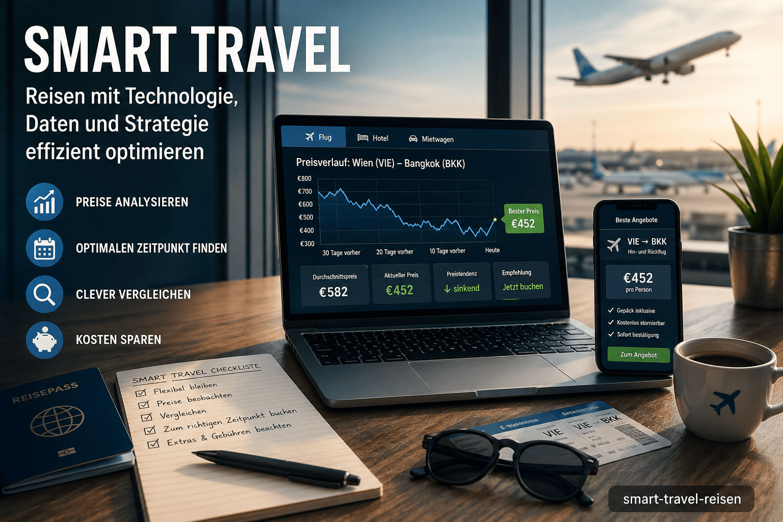 Smart Travel Reiseplanung mit Laptop und Smartphone, Analyse von Flugpreisen und datenbasierte Optimierung von Reisen