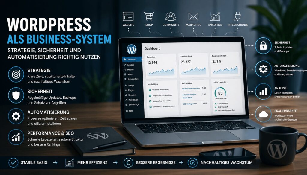 WordPress Dashboard mit Analyse, Automatisierung und SEO als Business System für digitale Strategien