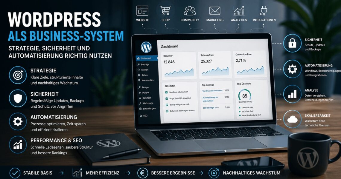 WordPress Dashboard mit Analyse, Automatisierung und SEO als Business System für digitale Strategien