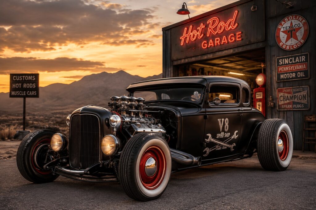 Klassischer Hot Rod mit sichtbarem V8-Motor und individueller Custom-Car-Optik bei Sonnenuntergang