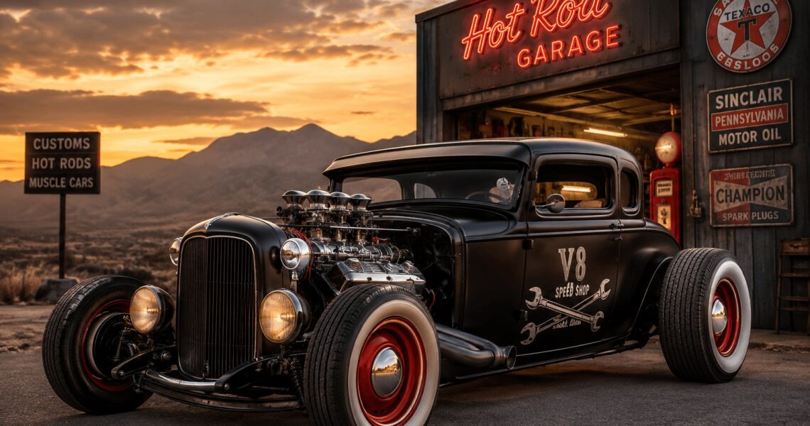 Klassischer Hot Rod mit sichtbarem V8-Motor und individueller Custom-Car-Optik bei Sonnenuntergang