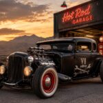 Klassischer Hot Rod mit sichtbarem V8-Motor und individueller Custom-Car-Optik bei Sonnenuntergang
