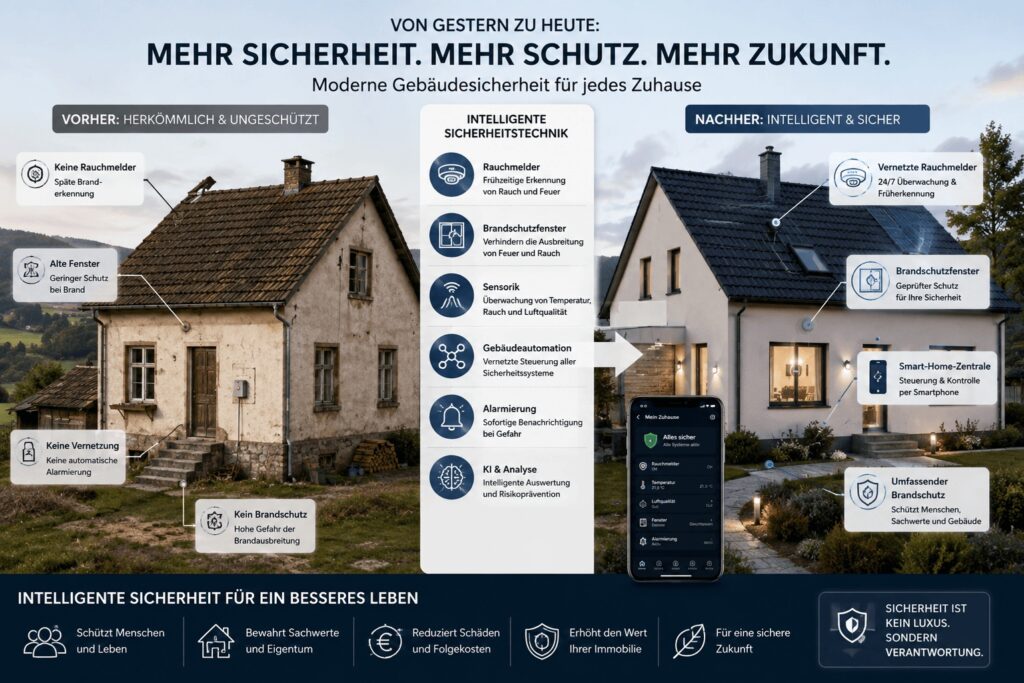 Vorher-Nachher-Vergleich eines Wohnhauses mit moderner Gebäudesicherheit, vernetzten Rauchmeldern, Brandschutzfenstern, Sensorik und intelligenter Gebäudeautomation.