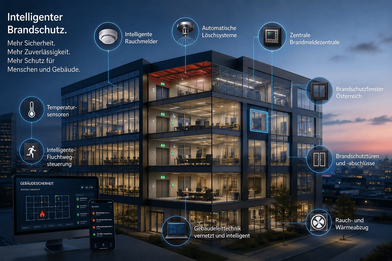 Intelligente Gebäudesicherheit mit digitalem Brandschutz, Sensorik und Smart-Building-Technologie