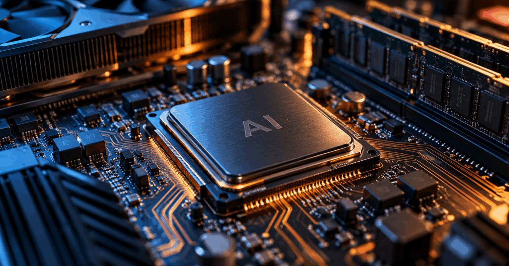 KI-generierte Darstellung eines Prozessors mit Arbeitsspeicher und Leiterbahnen auf einer Computerplatine